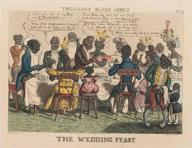 Gruppe von Menschen in traditioneller afrikanischer Kleidung an einem Tisch bei einem Hochzeitsfest sitzend, mit Tellern, Gläsern und Papierartikeln, die in einer fröhlichen Atmosphäre feiern.