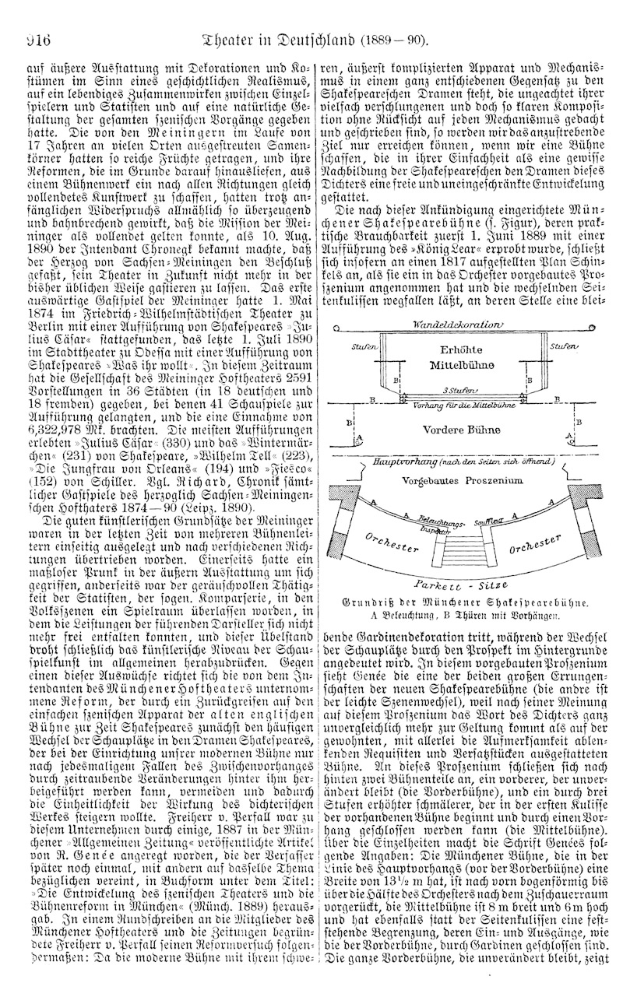 Schwarz-weiß-Illustration eines Mannes in Anzug und Krawatte mit ernstem Gesichtsausdruck auf einer Buchseite mit der Überschrift "Theater in Deutscherland" mit einem Theaterdiagramm im Hintergrund.