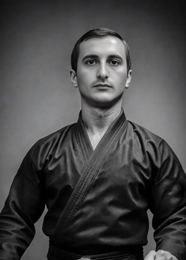 Ein Mann in einem schwarzen Karateanzug mit einem schwarzen Gürtel steht selbstbewusst vor einem grauen Hintergrund, in Schwarz-Weiß aufgenommen.
