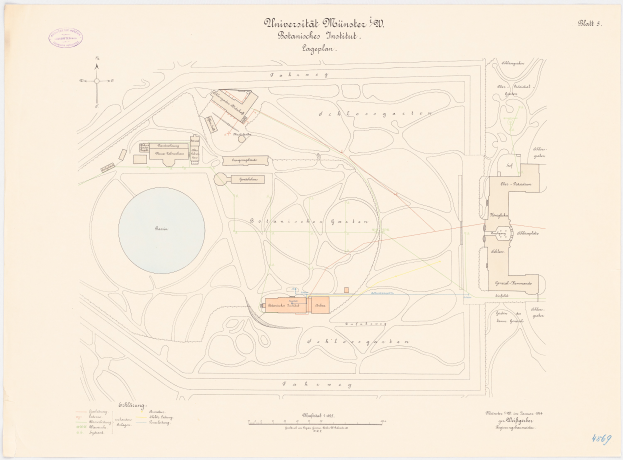 Eine detaillierte Karte von Berlin, Deutschland, mit der Universität Münster in der Mitte, die Gebäude, Straßen und andere Merkmale sowie Text zeigt, der Informationen über die Größe, den Standort und die Annehmlichkeiten der Universität bietet.