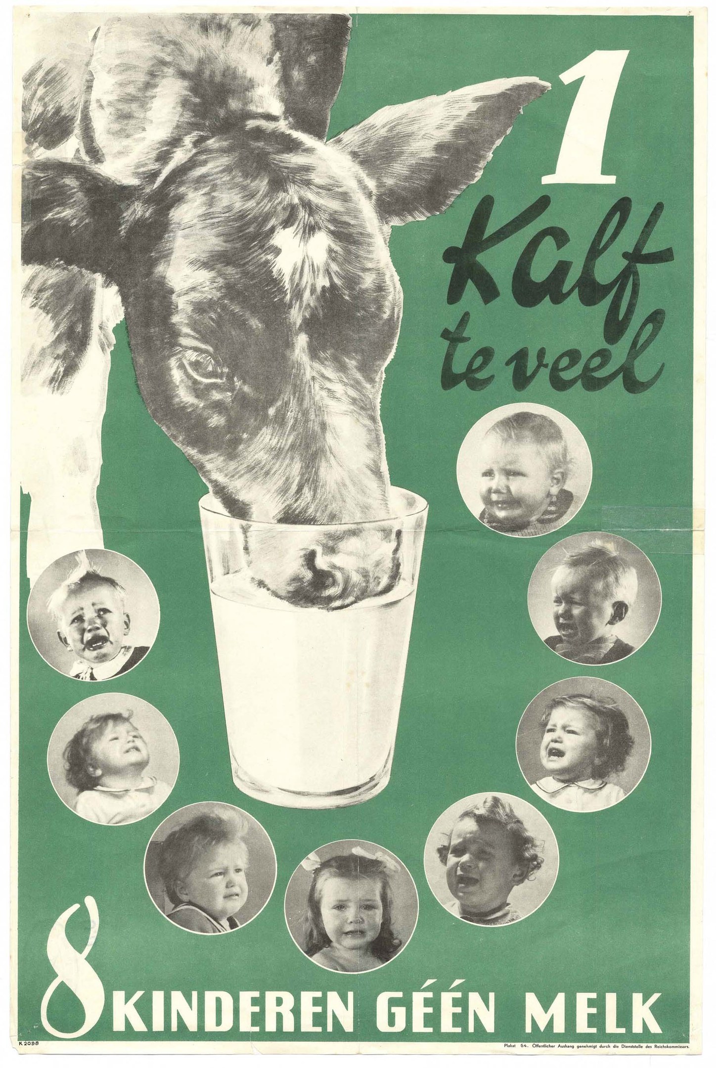 Ein Plakat, das eine Kuh zeigt, die Milch aus einem Glas trinkt, umgeben von Bildern von Kindern, mit Text darauf.