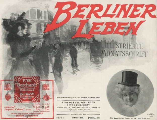 Eine Frau mit Zylinder und ein Mann im Anzug sind auf einem Plakat für das Berliner Leben Theater zu sehen, mit Text, einem Stempel und einigen Menschen sowie Gebäuden im Hintergrund.