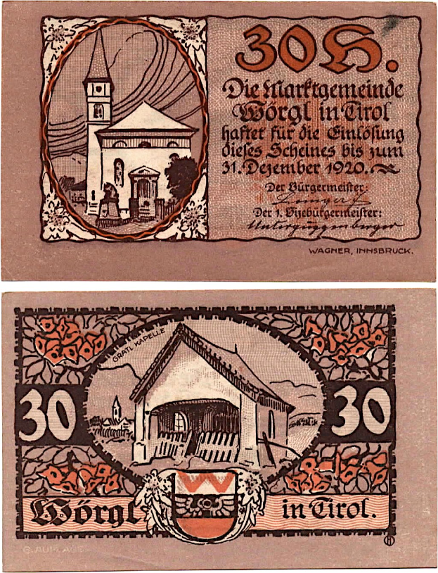 Eine deutsche 30-Pfennig-Banknote aus den 1930er Jahren mit einer Kirchenillustration in der Mitte, umgeben von Text.