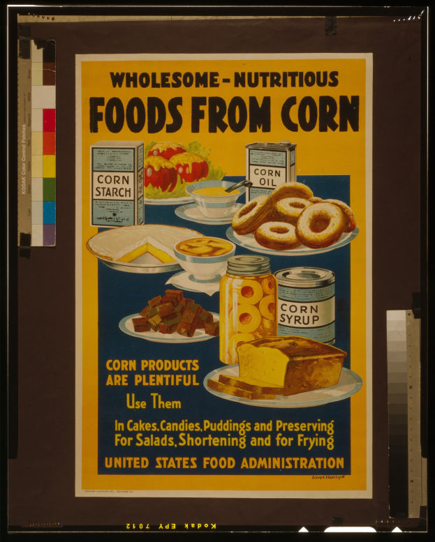 Buntes Plakat der United States Food Administration mit nährstoffreichen Lebensmitteln wie Obst, Gemüse, Getreide und Milchprodukten mit der fetten schwarzen Schrift 'Gesunde-Nährstoffreiche Lebensmittel aus Mais' auf einem hellblauen Hintergrund.