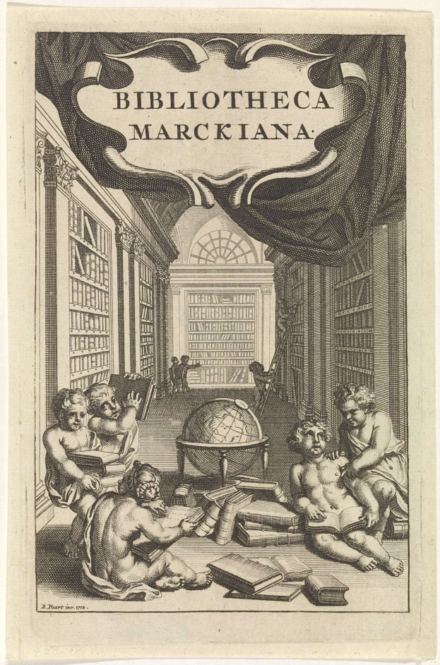 Gravur von Menschen, die eine Weltkugel in einer Bibliothek studieren, mit dem Titel "Bibliotheca Marckiana", umgeben von Bücherregalen.