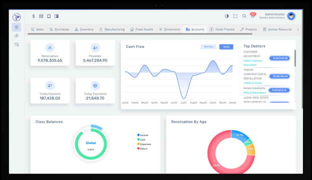 Bildschirm eines Laptops, der ein Finanzmanagement-Dashboard mit Grafiken und Text auf einem weißen Hintergrund mit einem blauen Kopfbereich anzeigt.