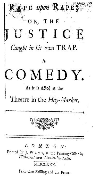 Schwarzes und weißes Plakat mit der Überschrift 'Vergewaltigung auf Vergewaltigung oder die Gerechtigkeit, die in ihrer eigenen Falle gefangen ist' in fetter schwarzer Schrift, wahrscheinlich Ankündigung einer Comedy-Show.
