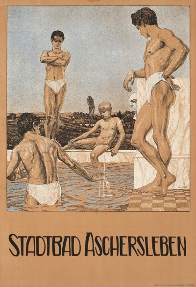 Plakat wirbt für ein Schwimmbad in Aschersleben, Deutschland, zeigt Menschen im Wasser mit einer Person, die sitzt, und Text mit Informationen über das Schwimmbad.
