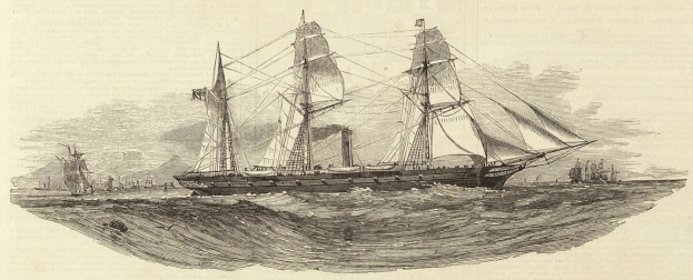 Gravur eines detaillierten Segelschiffs mit geblähten Segeln und sonnenbeschienener Hülle, das auf dem Meer segelt, mit anderen Schiffen im Hintergrund und Text unten.