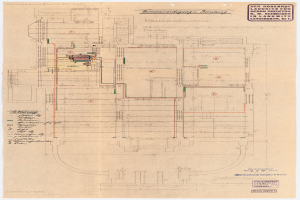 Schwarze und weiße architektonische Zeichnung des Rosenhof-Krankenhauses in Hamburg, Deutschland, die detaillierte Layouts mit zahlreichen Drähten zeigt, die elektrische oder strukturelle Pläne angeben, sowie begleitenden handgeschriebenen Text.