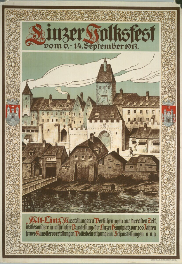Alter deutscher Festplakat mit Burgen-Illustration, umgeben von Häusern, und Text mit Festdetails.