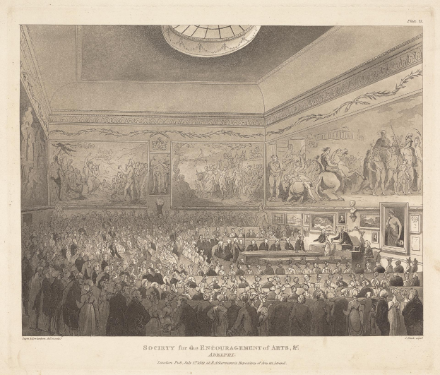 Eine Gravur eines großen Raumes voller Menschen, einige stehen und einige sitzen, mit Fotorahmen an den Wänden und einer Decke darüber. Unten im Bild steht Text, der "Gesellschaft zur Förderung der Künste" lautet.