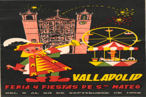 Ein buntes Karnevalplakat mit einem Gebäude, einem Riesenrad, einem Spielzeug und Text, das ein festliches Ereignis in Valladolid, Spanien, ankündigt.