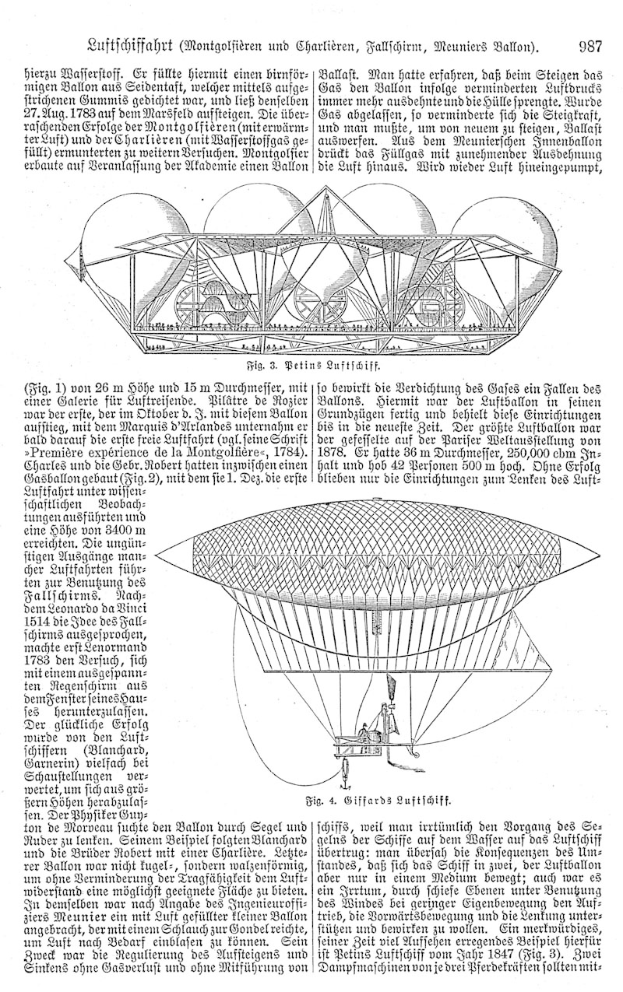 Ein altes Buch mit einer Zeichnung eines 19. Jahrhundert-Luftschiffs und begleitendem Text.
