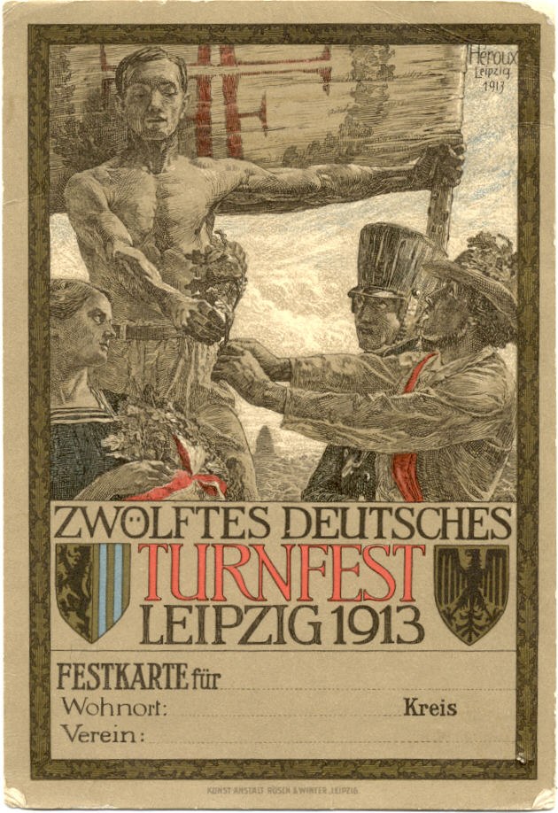 Plakat für das Zwölfte Deutsche Turnfest Leipzig 1913, das eine Gruppe von Menschen in der Mitte mit Text zeigt, der die Veranstaltungstermine angibt.
