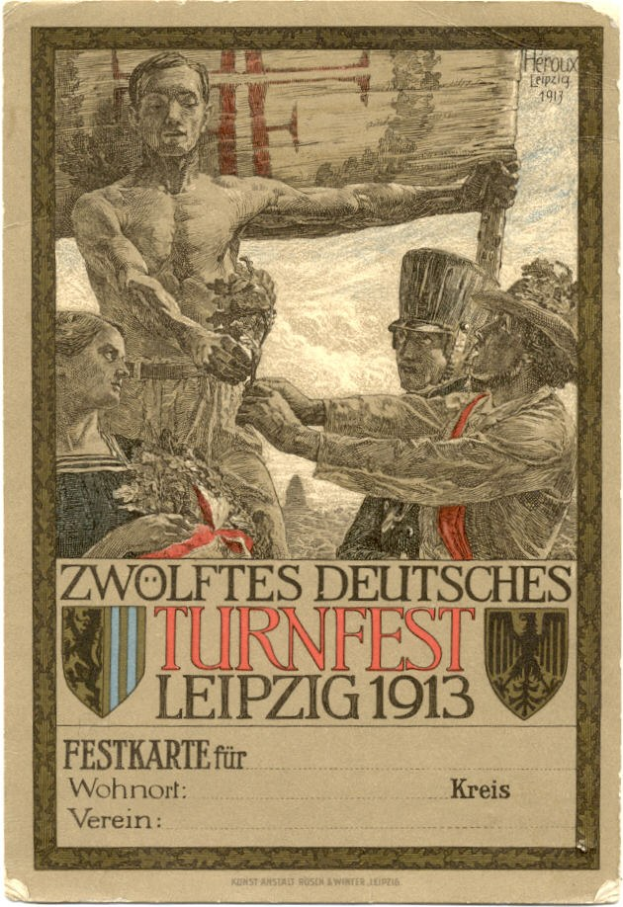 Plakat für das Zwölfte Deutsche Turnfest Leipzig 1913, das eine Gruppe von Menschen in der Mitte mit Text zeigt, der die Veranstaltungstermine angibt.