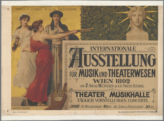 Plakat für die Internationale Ausstellung für Musik und Theaterwesen in Wien, das eine Gruppe von Menschen in einem Kreis mit einer Frau, die ein Musikinstrument hält, in der Mitte und Event-Text zeigt.