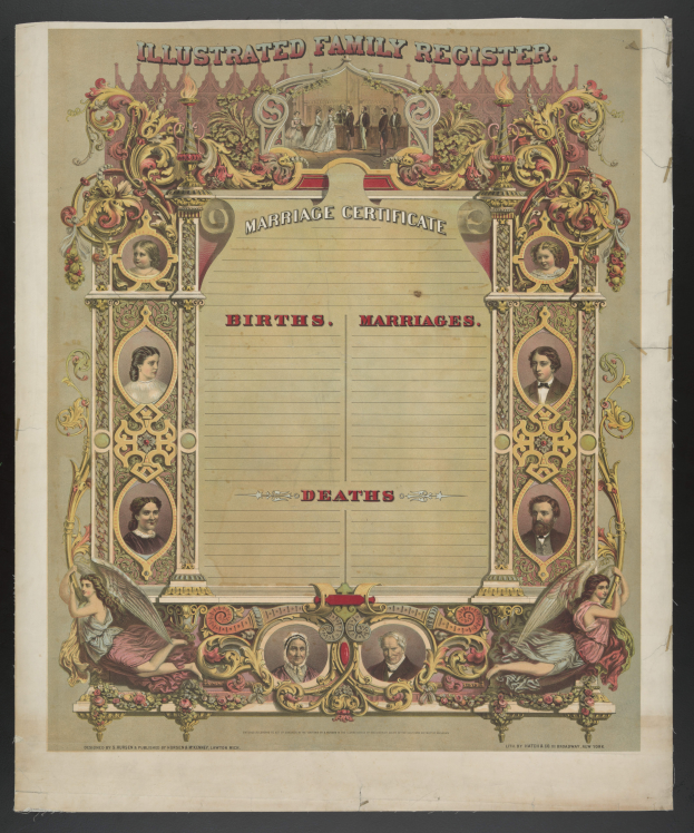 Ein illustrierter Familienstands-Eintrag mit schwarzem Hintergrund, der Bilder von Menschen und den Text "Geburten, Hochzeiten, Tode" zeigt.