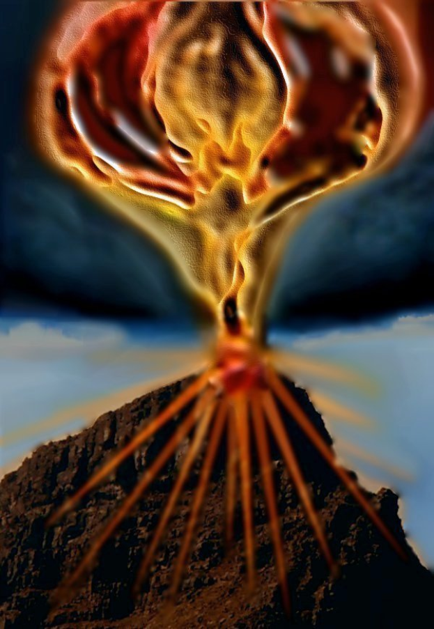 Ein animierter Vulkan, der Lava und Rauch ausstößt und gegen einen bewölkten Himmel gesetzt ist, mit Text am unteren Bildrand.