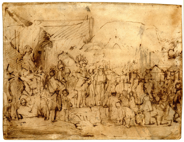 Ein detailliertes Papierbild, das eine vielseitige Menschenmenge in einer Stadt zeigt, wobei einige stehen und andere sitzen.