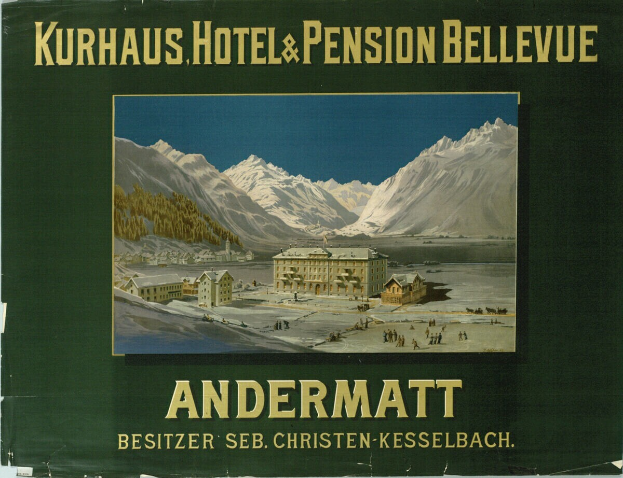 Ein Plakat bewirbt das Kurhaus Hotel und die Pension Bellevue in Andermatt, Schweiz, das Hotel ist von schneebedeckten Bergen und einem klaren blauen Himmel umgeben, mit Text, der Informationen über das Hotel und seine Annehmlichkeiten enthält.