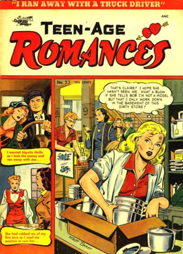 Ein Plakat mit einer Gruppe von Menschen in einer romantischen Umarmung, auf dem der Text "Teen-Age Romances 23-A by DC" in fetter Schrift quer über die Oberseite geschrieben steht.