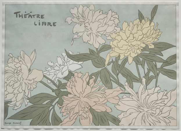 Ein Gemälde von Pfingstrosen in verschiedenen Farben auf einem blauen Hintergrund mit den Worten "Theatre Libre" darauf.