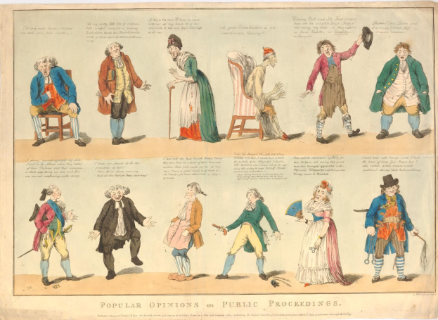 Ein Blatt mit Fotos von Menschen und handschriftlichen Meinungen zu öffentlichen Veranstaltungen.