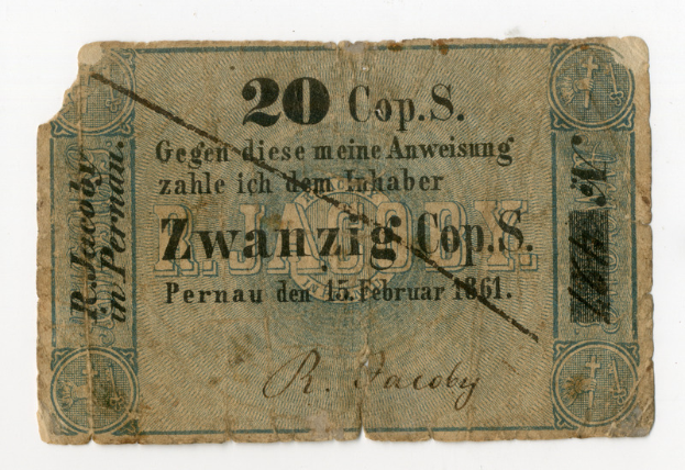 Ein altes deutsches 20-Cent-Banknote von 1861 mit Text und Zahlen, die seinen Nennwert auf einem weißen Hintergrund angeben.