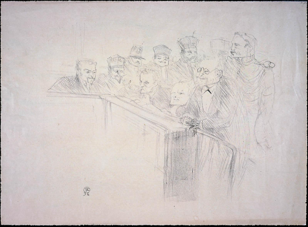 Eine Zeichnung einer Gruppe von Menschen in einer Gerichtssituation, die an einem mit Papieren bedeckten Tisch sitzen, mit einem schwarzen Rand um die Ränder.