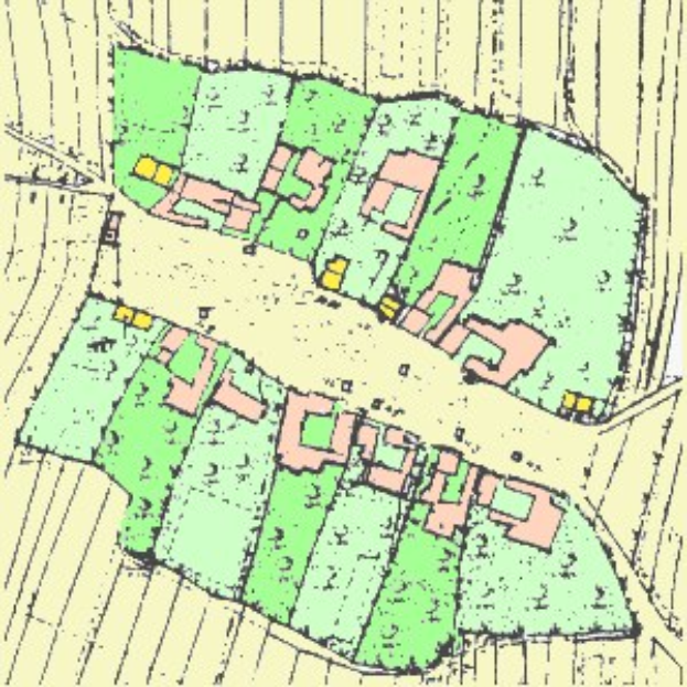 Detailierter Stadtplan mit Straßen, Gebäuden und anderen Merkmalen.