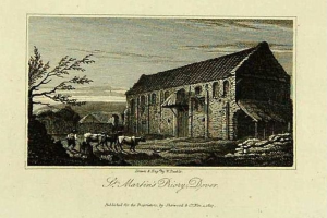 Eine Gravur von St. Martins Priory, Dyer, mit einem Haus, Bäumen, Tieren und einem Himmel im Hintergrund, mit Text unten.