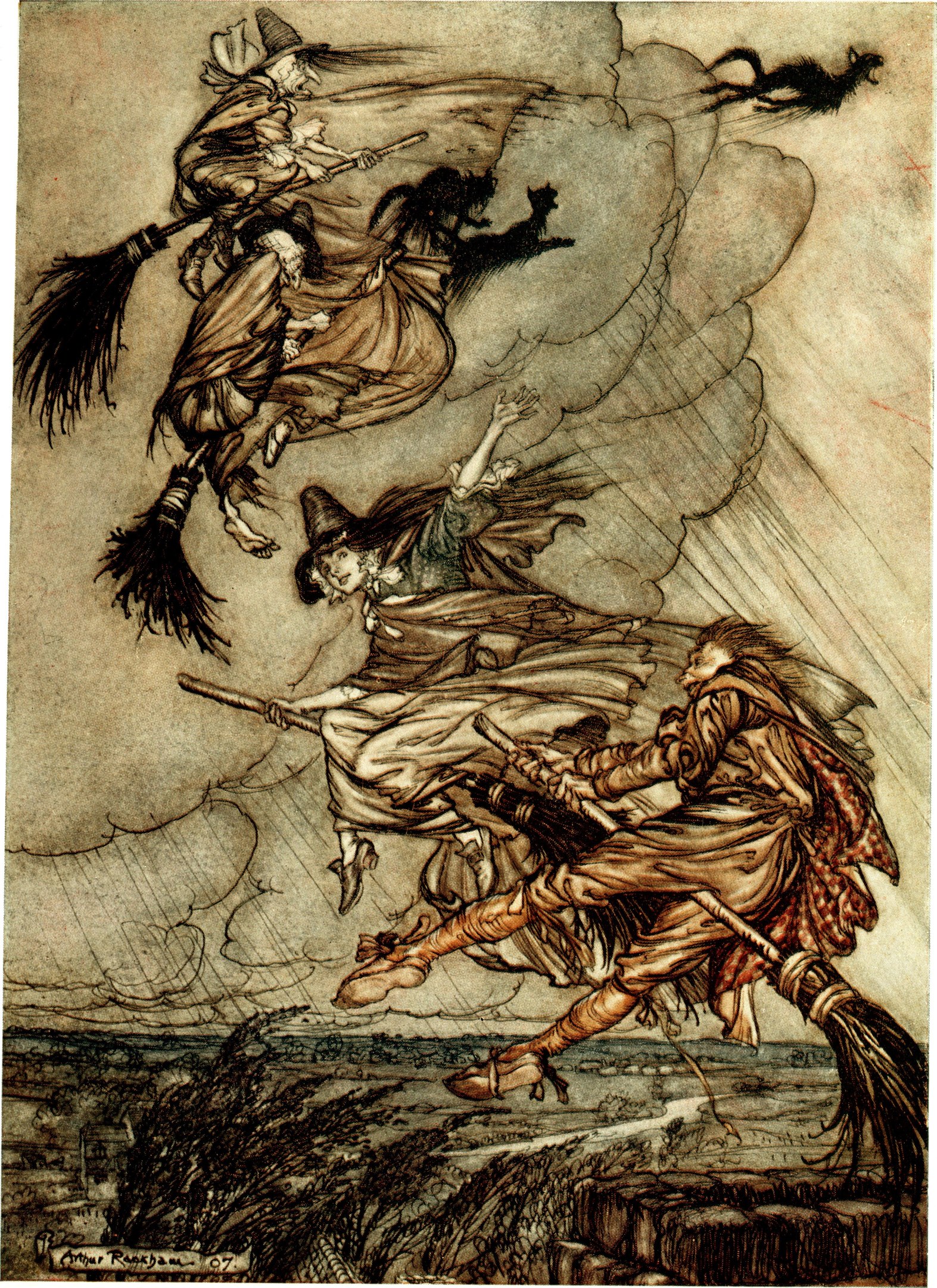 Gemälde von Arthur Rackham namens "Die Hexen", das drei Hexen zeigt, die auf einem Besenstiel über Pflanzen fliegen.