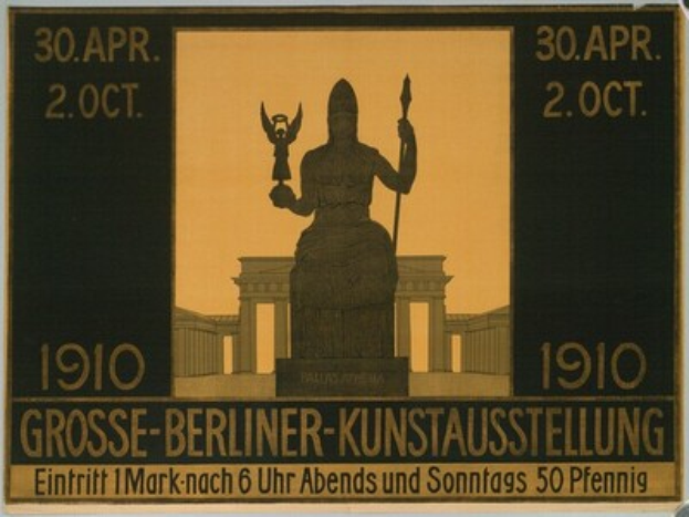 Ein Plakat mit einer Statue vor einem Gebäude, Text und Zahlen, die Berliner-Kunstausstellung ankündigend.
