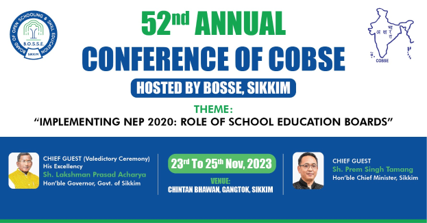 Werbung für die 52. Jahreskonferenz von Cobse, veranstaltet von Bosse Sikkim, mit zwei Personen und Veranstaltungseinzelheiten.