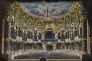 Ein Gemälde eines Theaterinneren mit einer prächtigen, kunstvoll gestalteten Decke, verzierten Wänden mit Säulen, Geländern und Vorhängen und einem Teppichboden, gekrönt von einem weiteren Gemälde.