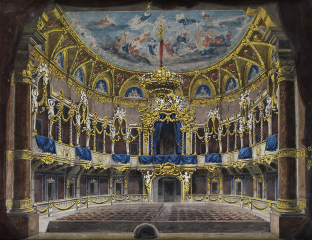 Ein Gemälde eines Theaterinneren mit einer prächtigen, kunstvoll gestalteten Decke, verzierten Wänden mit Säulen, Geländern und Vorhängen und einem Teppichboden, gekrönt von einem weiteren Gemälde.