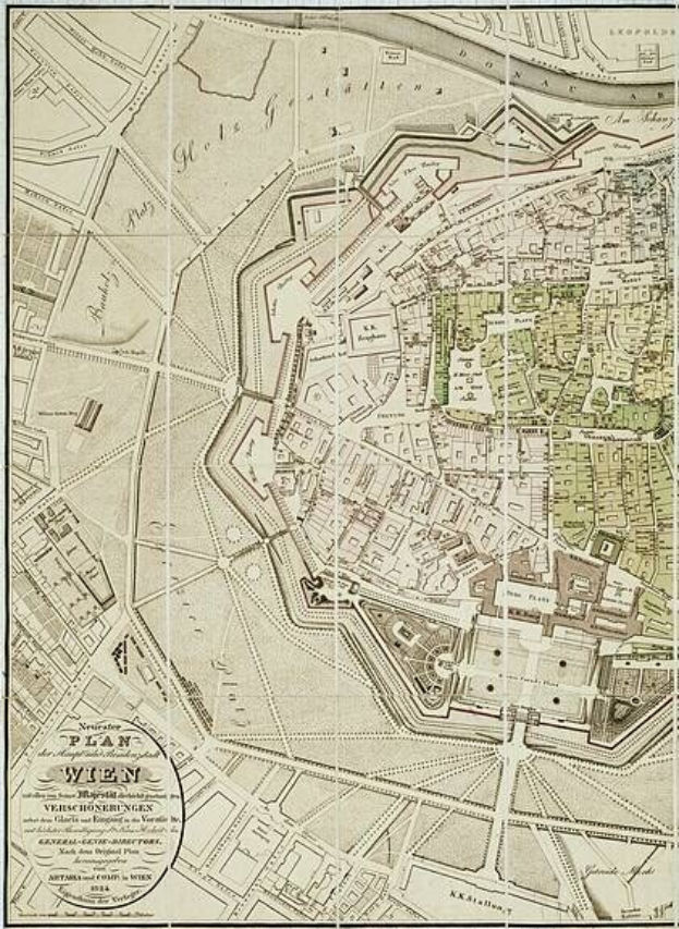 Ausführliche alte Karte von Wien, Deutschland, die Straßen, Gebäude und Sehenswürdigkeiten zeigt, mit begleitendem Text zu Bevölkerung und bemerkenswerten Merkmalen.