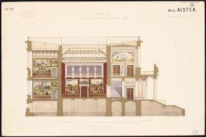 Ein detailliertes Bild einer Opernhausäußenäuß, verziert mit kunstvollen architektonischen Elementen und farbenfrohen Malereien, die das Innere zeigen, begleitet von beschreibendem Text.