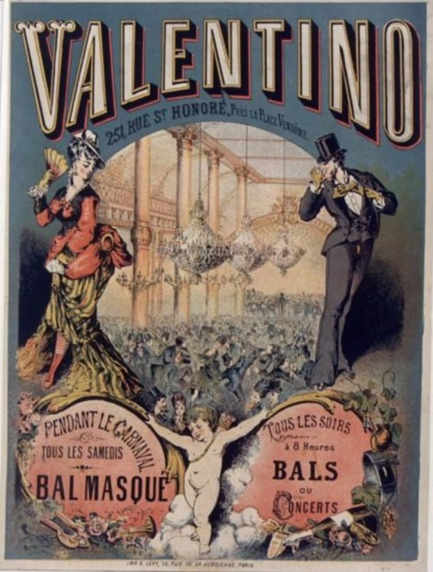 Ein Plakat, das eine Valentinstagsparty in Paris ankündigt, zeigt einen Mann in Zylinder und eine Frau in einem langen Kleid nebeneinanderstehend, mit Text zur Beschreibung des Ereignisses.