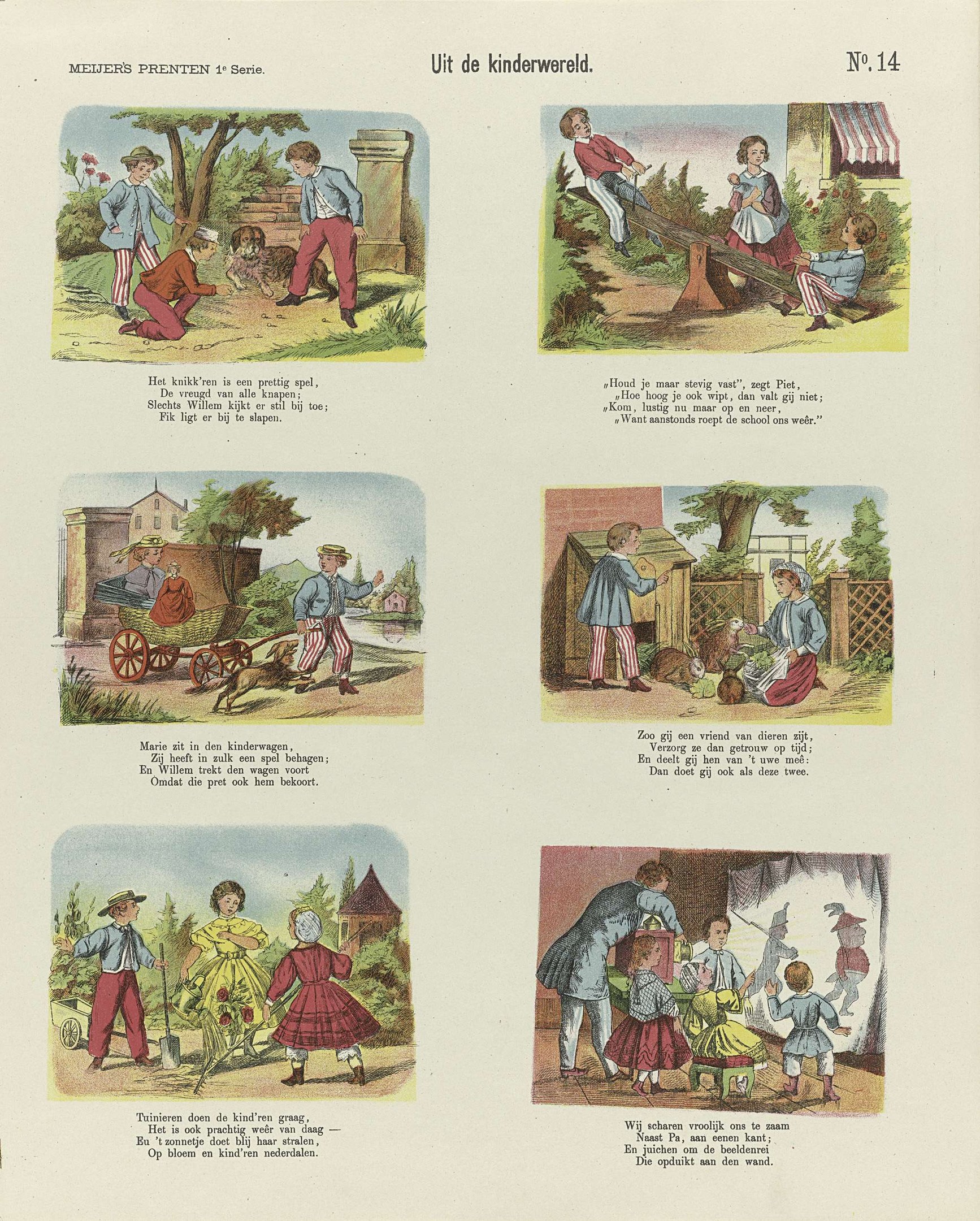 Ein aufgeschlagenes Buch mit illustrierten Kindern, die im Park spielen, umgeben von Bäumen, Gebäuden und einem Wagen, mit begleitendem Text.