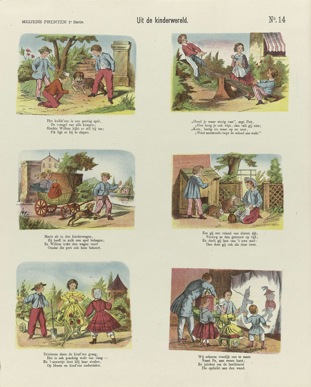 Ein aufgeschlagenes Buch mit illustrierten Kindern, die im Park spielen, umgeben von Bäumen, Gebäuden und einem Wagen, mit begleitendem Text.