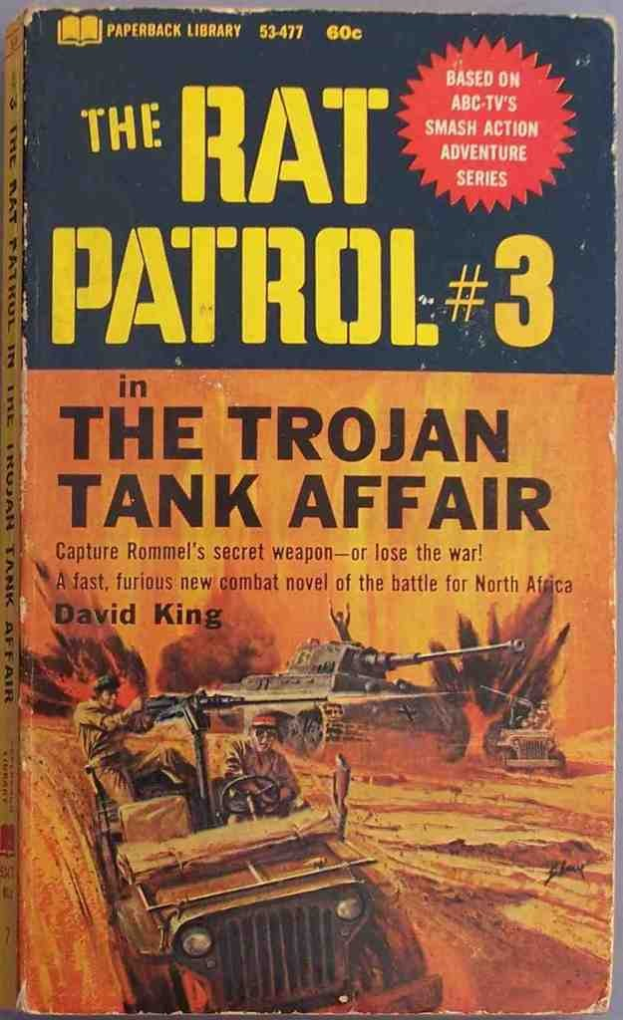 Buchumschlag mit Militärfahrzeugen (Panzer und Jeeps) und darüberstehendem Text, der ein Kriegsmotiv suggeriert.