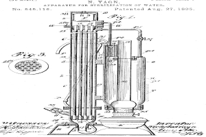 Patentzeichnung einer Vorrichtung zur Sterilisation von Wasser, beschriftet mit "Vorrichtung zur Sterilisation von Wasser", mit detaillierten technischen Texten und Diagrammen auf einem weißen Hintergrund.