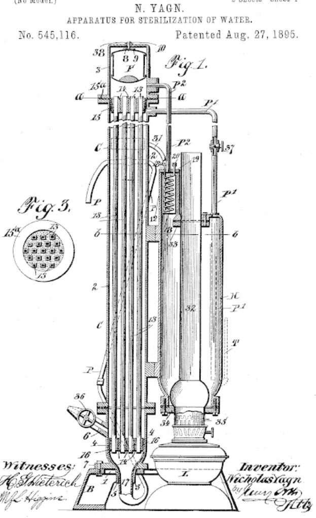 Patentzeichnung einer Vorrichtung zur Sterilisation von Wasser, beschriftet mit "Vorrichtung zur Sterilisation von Wasser", mit detaillierten technischen Texten und Diagrammen auf einem weißen Hintergrund.