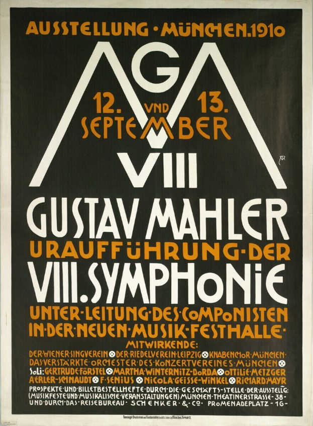 Plakat für Gustav Mahlers sinfonisches Konzert in München, Deutschland, mit Text in der Mitte.
