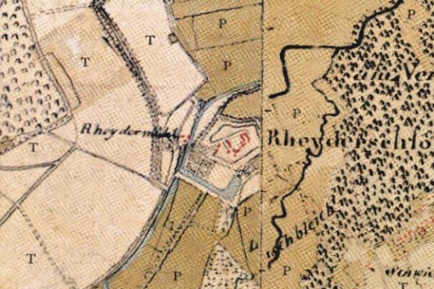 Alte Karte von Rheydtschlo mit Straßen, Gebäuden und Sehenswürdigkeiten, mit einem prominenten roten Quadrat in der Mitte.