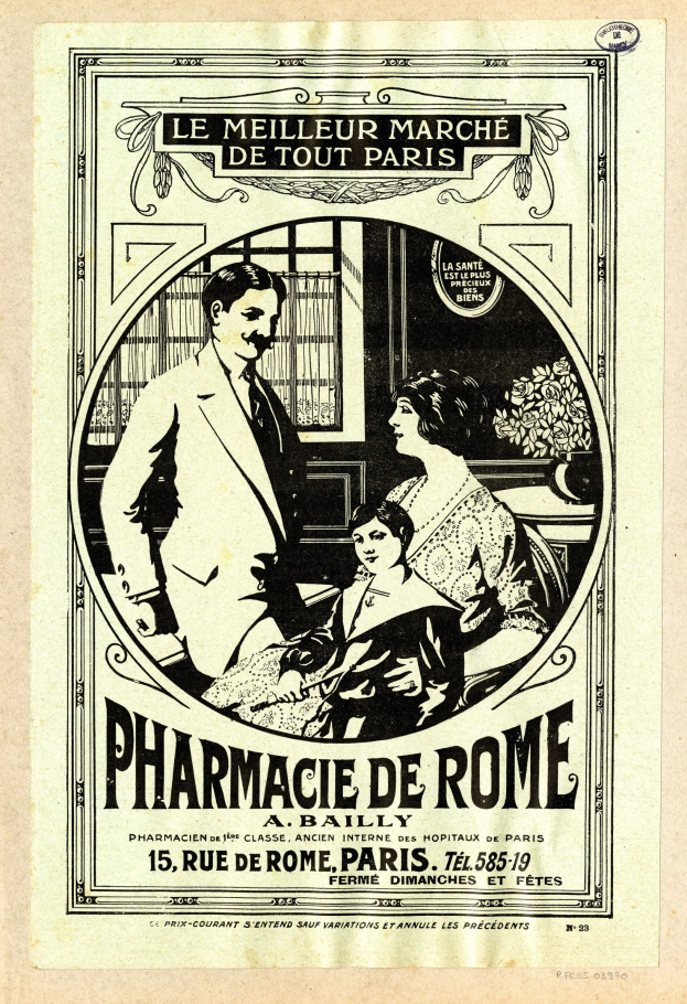 Schwarzes und weißes Werbeplakat für eine Apotheke in Rom, das einen Mann und eine Frau zeigt, die nebeneinander stehen, mit Text, der die Apotheke und ihre Dienstleistungen beschreibt.