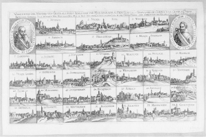 Ein Schwarz-Weiß-Zeichnung von Köln, Deutschland, mit zahlreichen Gebäuden, begleitet von Text und Bildern zur Geschichte der Stadt.