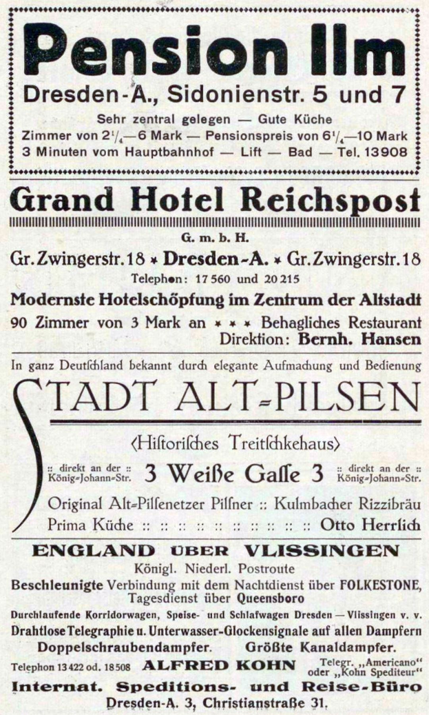 Schwarz-weiß-Anzeige für eine Pensionspension in Dresden, Deutschland, in altem Zeitungsstil gedruckt.